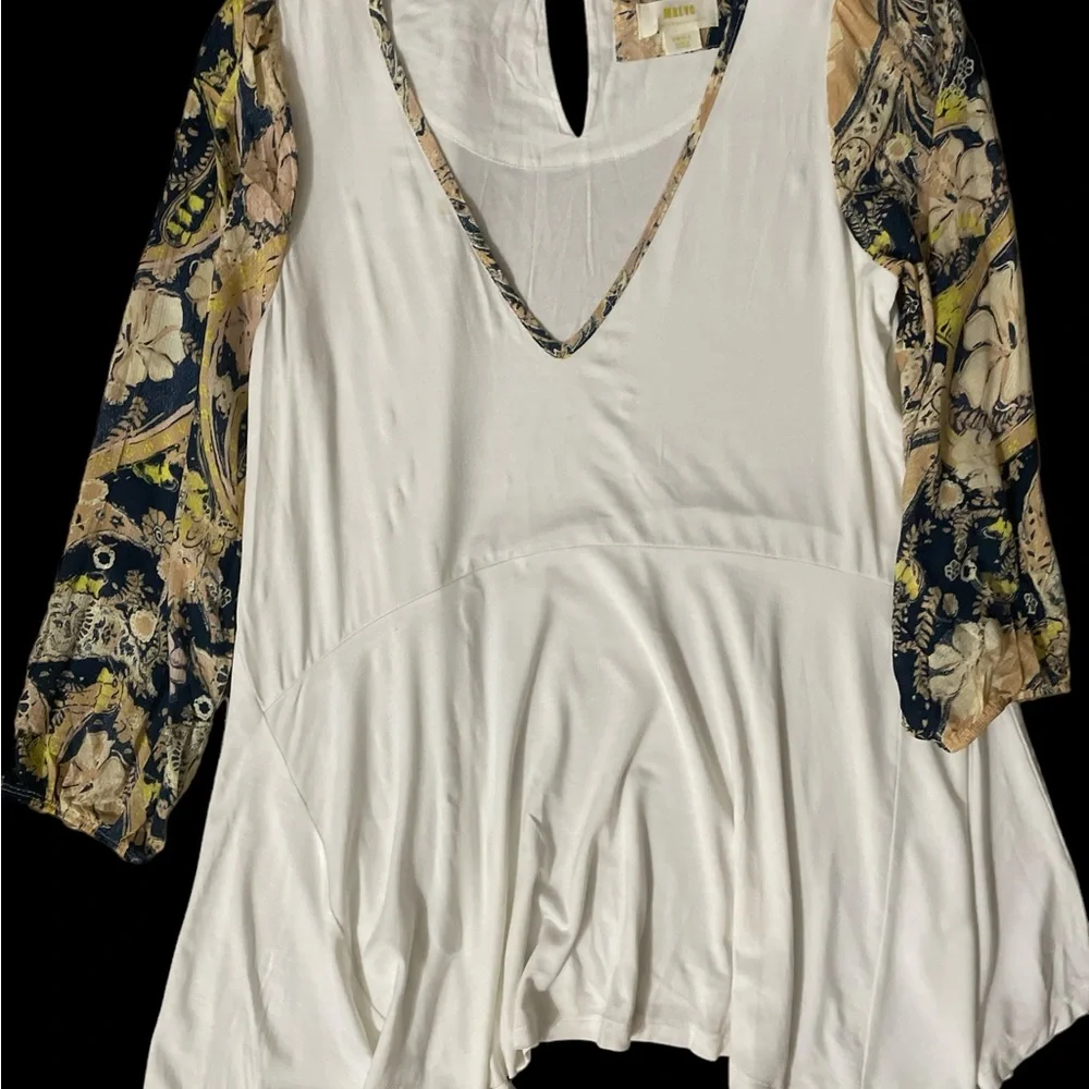 Anthropologie Maeve flowing ivory scarf print puff balloon sleeve tunic top S
